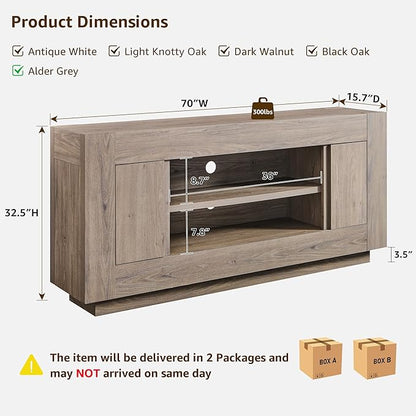 OKD Modern 70" TV Stand, Entertainment Center for TVs Up to 80", Media Console with Large Open Storage & Side Cabinets, Thick Wood Design for Living Room, Alder Grey