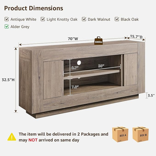 OKD Modern 70" TV Stand, Entertainment Center for TVs Up to 80", Media Console with Large Open Storage & Side Cabinets, Thick Wood Design for Living Room, Alder Grey