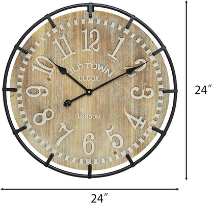 24 Inch Large Farmhouse Wall Clock - Rustic Antique Wood, Silent Battery Operated Clock for Office Kitchen Bedroom Living Room
