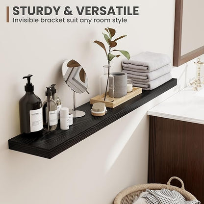 Acovy 36 Inch Floating Shelves, 8 Inch Deep Floating Shelves for Wall, Hanging Shelf with Invisible Brackets, Deep Shelves for Bathroom, Bedroom, Living Room, Black, Set of 2