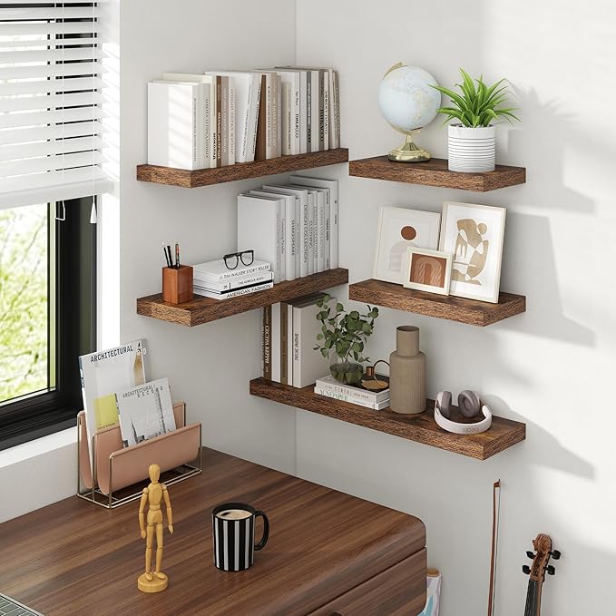 Acovy 48 Inch Floating Shelves, 8 Inch Deep Floating Shelves for Wall, Hanging Shelf with Invisible Brackets, Deep Shelves for Bathroom, Bedroom, Living Room, Brown, Set of 2