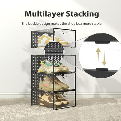 Pinkpum 12 Pack XXL Shoe Storage Box Fit for Size 14, Clear Plastic Stackable Shoe Organizer for Closet, Shoe Containers Sneaker Storage Clear and Black