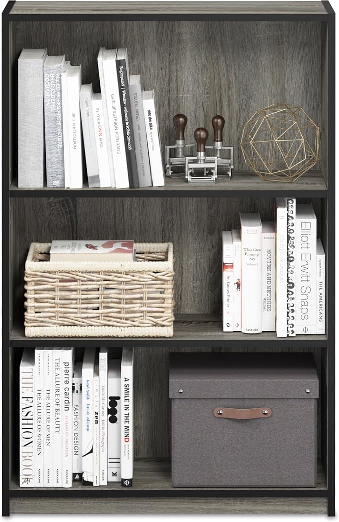 Furinno Jaya Book Shelf, 3-Tier Bookshelf, Bookcase with Adjustable Shelves, 9.5 x 24.5 x 40.3, for Living Room, Bedroom, Home Office, Grey Oak