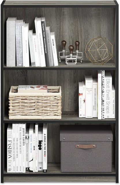 Furinno Jaya Book Shelf, 3-Tier Bookshelf, Bookcase with Adjustable Shelves, 9.5 x 24.5 x 40.3, for Living Room, Bedroom, Home Office, Grey Oak
