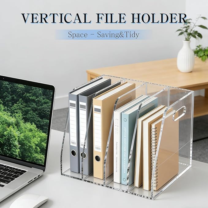 4-Tier Clear Acrylic File Holder, Vertical Document Organizer for Magazines, Binders, Notebooks & Envelopes - Multi-Purpose Desk Storage for Home Office（B5,4 Sections）