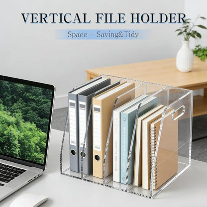 4-Tier Clear Acrylic File Holder, Vertical Document Organizer for Magazines, Binders, Notebooks & Envelopes - Multi-Purpose Desk Storage for Home Office（B5,4 Sections）
