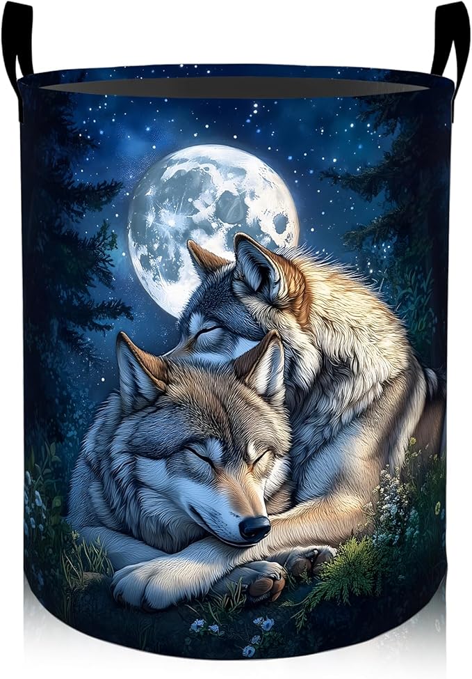 Romantic Wolf Moonlit Night Laundry Basket 19.7"x15.7", Collapsible Dirty Clothes Waterproof Laundry Hamper Organizer Toy Storage Bin for Dorm Nursery Bathroom Decor