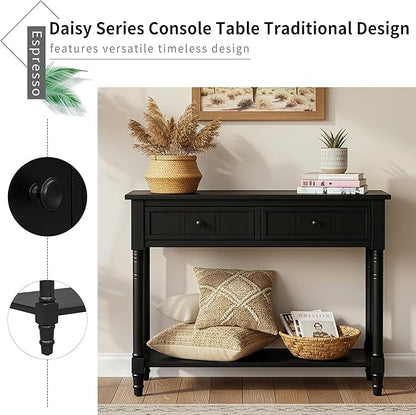 Knocbel Antique Entry Console Table with 2 Drawers & Bottom Open Shelf, Wood Sofa Tables for Entryway Hallway Living Room, 35.34" W x 13.8" D x 30.25" H, Black