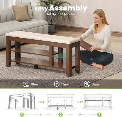 Shoe Bench for Entryway, Solid Rubberwood Shoe Bench with Hidden Storage, Adjustable 2-Tier Shelves & Soft PU Leather Seat, Shoe Rack Durable Easy Assembly for Hallway or Bedroom - Beige, 47.2"