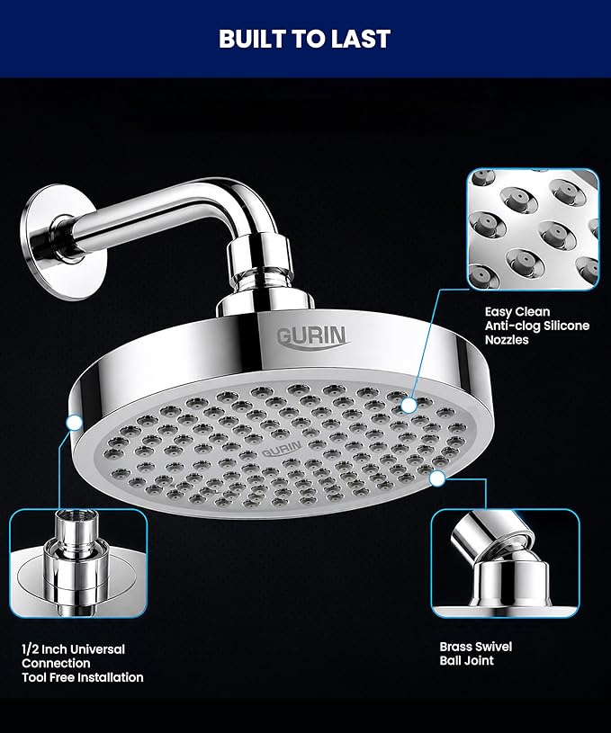 GURIN Shower Head - Powerful High Pressure Rain Shower Head 6 Inch - Luxury Rainfall Showerhead with Adjustable Angles, 90 Anti-Clog Nozzles, Tool-Free 1-Min Install, Premium Polished Chrome Finish