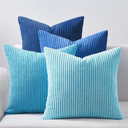 Topfinel Decorative Throw Pillow Covers Aque Teal Blue Series,Summer Corduroy Striped Toss Pillows for Couch,Patio,Balcony,Children Bedroom,Modern Fluffy Blue Gradient Shams 20x20 Inch Set of 4