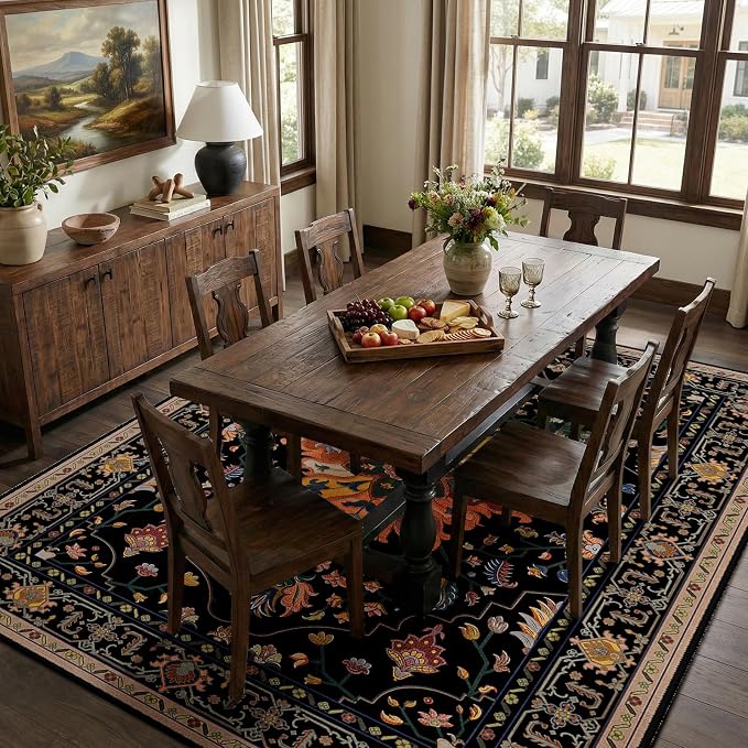 RELEANY Area Rugs 5'x7' Washable Non-Slip, Floral Vintage Distress Medallion Carpet for Living Room Bedroom Dining Room, Black Colorful Floral Dark Tan