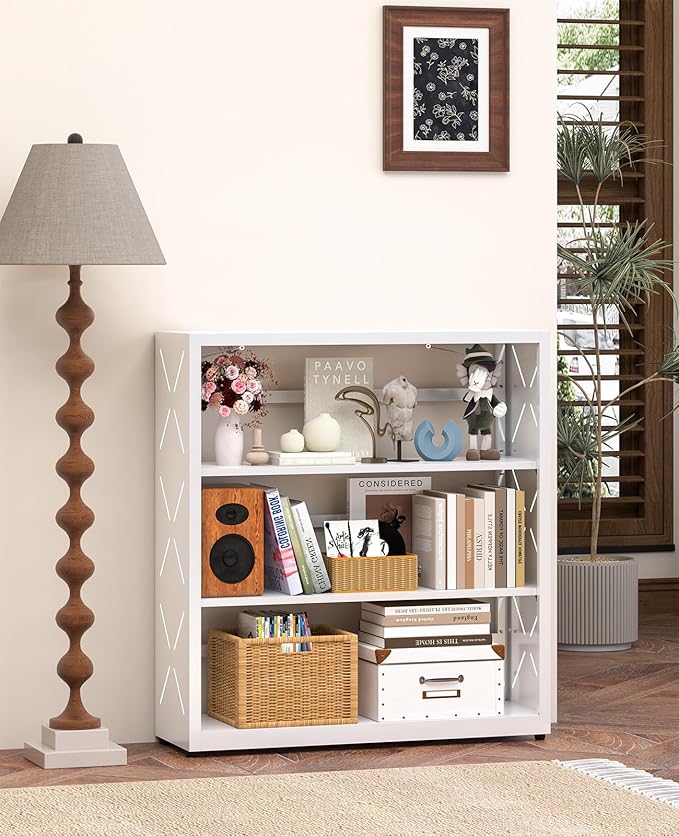 METALOONG Book Shelf, 3-Tier Steel Bookcase Adjustable with Anti-Tip Device & Leveling Feet, Heavy-Duty Metal Storage Organizer, Modern Corner Shelves for Kitchen, Garage, Home Office - White