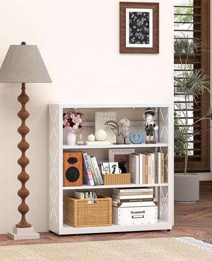 METALOONG Book Shelf, 3-Tier Steel Bookcase Adjustable with Anti-Tip Device & Leveling Feet, Heavy-Duty Metal Storage Organizer, Modern Corner Shelves for Kitchen, Garage, Home Office - White