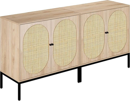 Yechen Set of 2 63" Sideboard Cabinet with Natural Rattan Hand-Woven Doors, Rattan Cabinet, Accent Buffet Storage Console Cane Credenza, for Living Room Entryway, Metal Legs/Natural