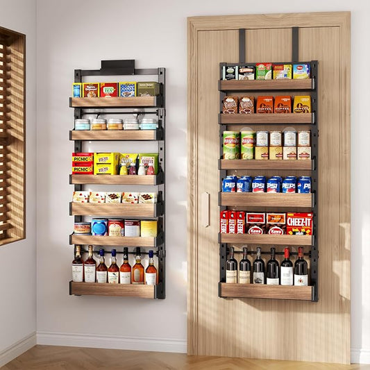 6-Tier Over The Door Pantry Organizer, Heavy-Duty Metal Wall Mount or Hanging Spice Rack, behind the door storage Shelves with Adjustable Basket, Back of Door Organizer for Kitchen Cabinet and Closet
