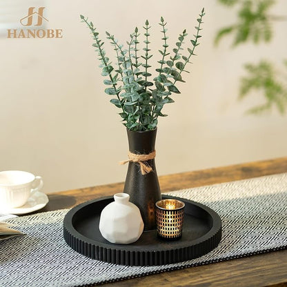 Hanobe Decorative Tray for Coffee Table: 12" Black Round Centerpiece Tray for Home Decor - Wood Modern Farmhouse Decor for Living Dining Room Kitchen Island Tabletop