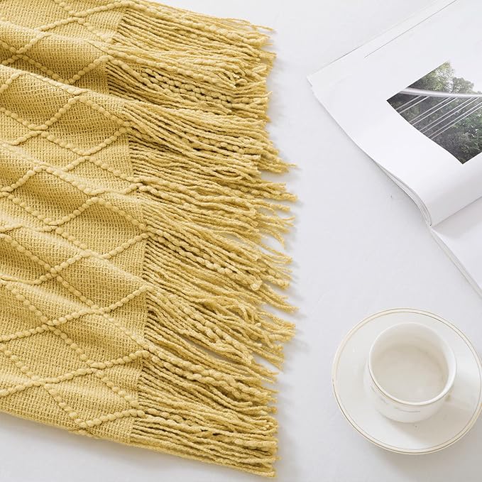 BOURINA Mustard Throw Blanket 50x60 Inches Throw Textured Solid Soft Sofa Couch Decorative Knit Blanket