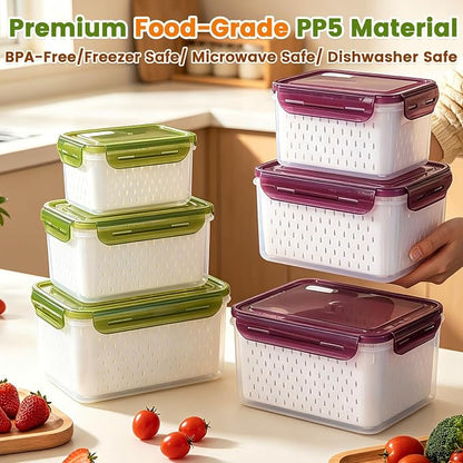 TBMax 8 Pieces Airtight Fruit Storage Containers for Fridge with Air Circulation Vent, 4 Pack Produce Saver with Colander for Berry Lettuce Salad Vegetable Storage, Refrigerator Organizers -Purple