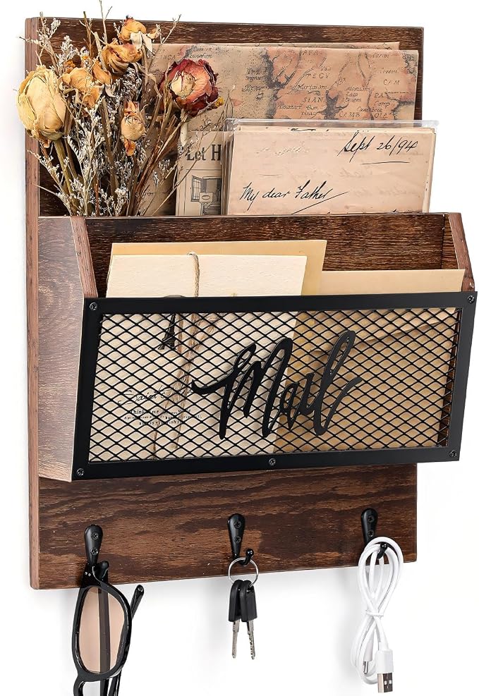 Yalikop Farmhouse Mail Organizer Wall Mounted Rustic Mail Holder Hanging Key Sorter with 3 Hooks Indoor Wooden Wall Mounted, Letter, Magazines, Newspapers, Keys(Classics,Brown)