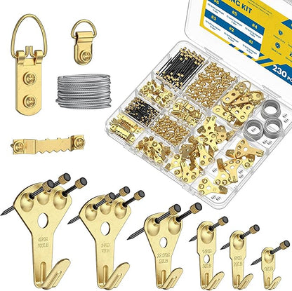 Uniclife 230 Pcs Picture Hanging Kit, 10 lb, 20 lb, 30 lb, 50 lb, 75 lb, 100 lb Heavy Duty Picture Hooks with Nails, D Ring Picture Hangers Sawtooth Picture Hangers & Picture Hanging Wires with Screws