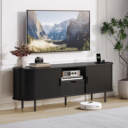 63" Mid-Century TV Stand with Power Outlet, Fluted Entertainment Center with Storage and Drawer, TV Console with Sliding Door and Adjustable Shelves, TV Stand up to 80" for Living Room, Black