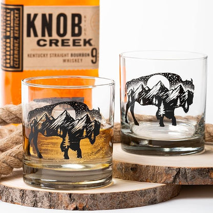 Black Lantern Buffalo Landscape Whiskey Glass Set Set of 2 11oz Heavy Base Glasses for Bourbon, Scotch & Cocktails | Gift for Outdoor Enthusiasts