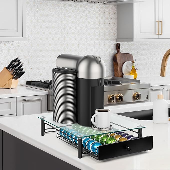 ROWISE Coffee Pod Drawers, Crystal Tempered Glass Pod Holder Drawer Compatible with Nespresso Capsules, Holds Up to 40 Capsules, Size 14"x15.5"x4.5"