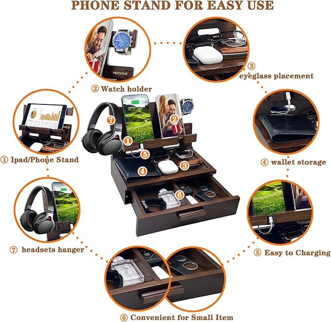 VEIYAILU Gifts for Men Women Him Husband Son Boyfriend Birthday Nightstand Organizer Wood Phone Docking Station Birthday Gifts (Deep Walnut)