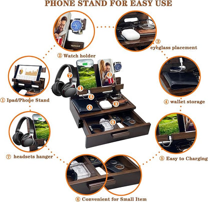 VEIYAILU Gifts for Men Women Him Husband Son Boyfriend Birthday Nightstand Organizer Wood Phone Docking Station Birthday Gifts (Deep Walnut)