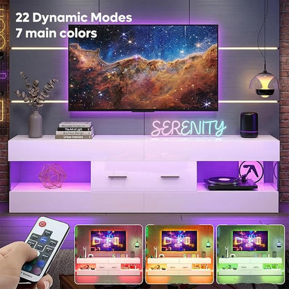 Bestier TV Stand for 55/60/65 Inch TV, High Gloss Modern TV Stand with Stone-Patterned Side Panels, LED Entertainment Center with Large Drawer, TV Consoles for Living Room, Bedroom, Glossy White