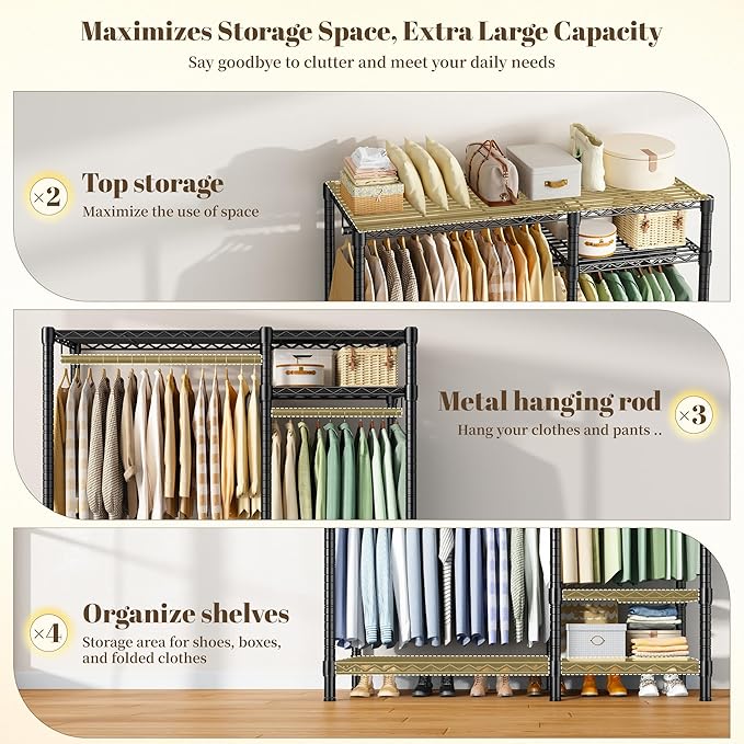 Raybee Portable Closet 780LBS, Heavy Duty Clothes Rack, Freestanding Clothing Rack with 3 Hanging Rods & 6 Shelves, Adjustable Wardrobe Closet Organizer System, Black