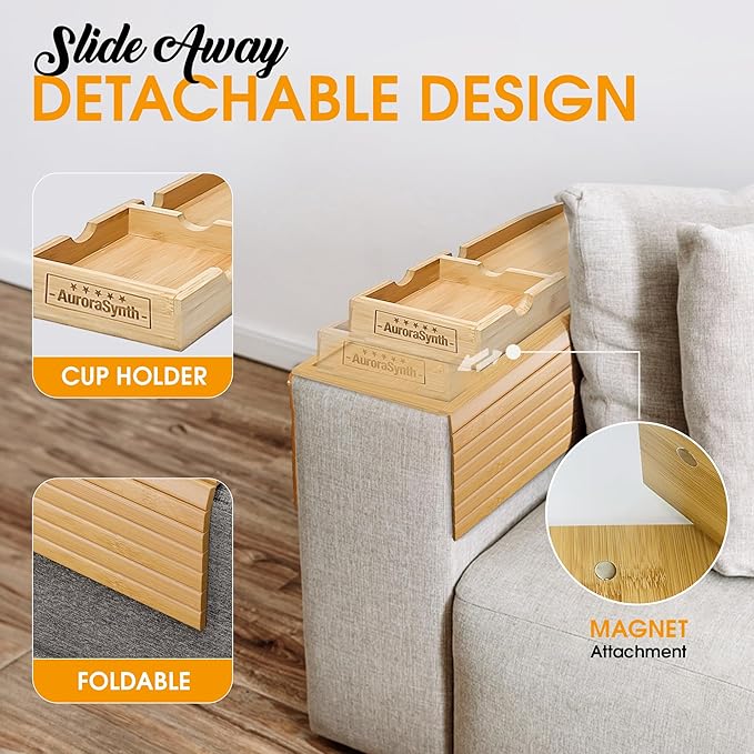 Bamboo Couch Cup Holder Tray with 2 Cork Coasters, Couch Arm Tray, 2 in 1 Anti-Slip Foldable Sofa Arm Tray, Couch Armrest Table, Anti-Spill Couch Arm Table for Drinks TV Remote Cellphone Snacks