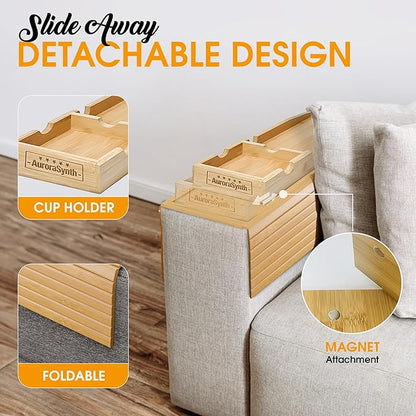 Bamboo Couch Cup Holder Tray with 2 Cork Coasters, Couch Arm Tray, 2 in 1 Anti-Slip Foldable Sofa Arm Tray, Couch Armrest Table, Anti-Spill Couch Arm Table for Drinks TV Remote Cellphone Snacks