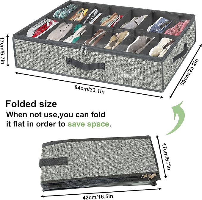 homyfort 28 Pairs Shoe Organizer Under Bed, Underbed Shoe Storage Boxes Bins, Organizador De Zapatos, Extra Large Zapateras Organizer, Grey, Set of 2