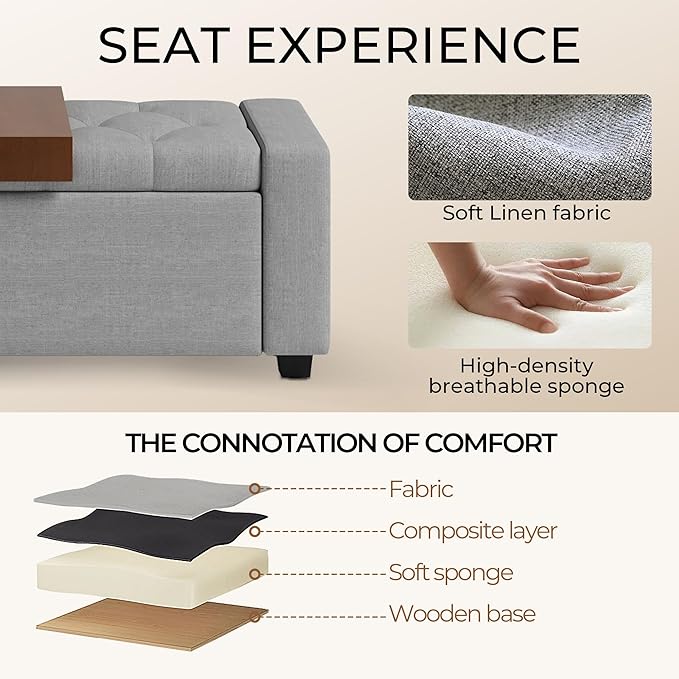 Storage Ottoman Bench with Tray,Large Entryway Ottoman with Storage, Rectangular Bench with Cushion and Safety Hinge for Living Room Bedroom,Light Gray