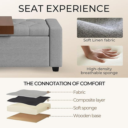 Storage Ottoman Bench with Tray,Large Entryway Ottoman with Storage, Rectangular Bench with Cushion and Safety Hinge for Living Room Bedroom,Light Gray