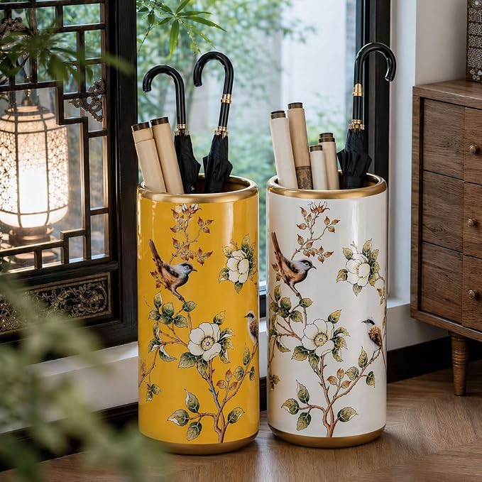 Ceramic Entryway Umbrella Stand,Handmade Appliques Chinese Umbrella Stand Barrels,Vintage Floor Standing Cane Holder Placed & Flower Vases for Hotel Office Home Entrance,E,17.3in