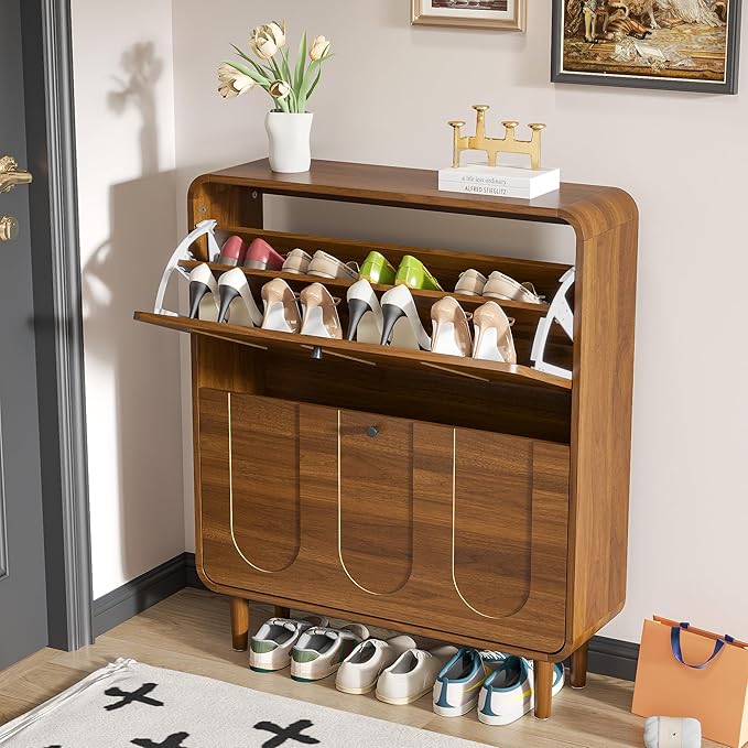 Narrow Shoe Storage Cabinet for Entryway with 2 Flip Drawers, Curved Shoe Cabinet with Arched Stripe Panel, Freestanding Hidden Shoe Organizer Closed for Foyer, Hallway (Walnut, 31.5 inches)