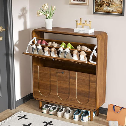Narrow Shoe Storage Cabinet for Entryway with 2 Flip Drawers, Curved Shoe Cabinet with Arched Stripe Panel, Freestanding Hidden Shoe Organizer Closed for Foyer, Hallway (Walnut, 31.5 inches)