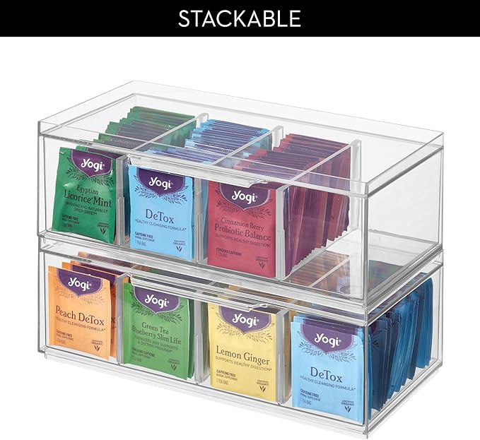 iDesign XL Tea Bag Organizer for Counter, 4-Section Clear Stackable Tea Storage Drawer for Cabinet, 2-Pack