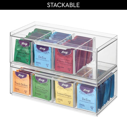 iDesign XL Tea Bag Organizer for Counter, 4-Section Clear Stackable Tea Storage Drawer for Cabinet, 2-Pack