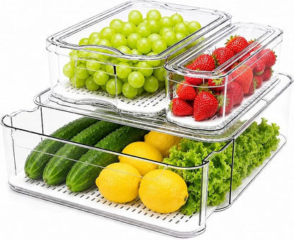 SMRCAD Refrigerator Organizers, Clear Pull-out Drawer Container and Organizer Bins with Lids, Stackable Storage Containers for Fruits, Vegetable (Set of 3 (Include Pull Out Drawer))
