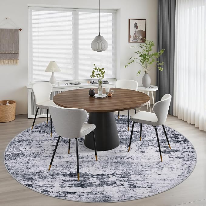 Round Area Rug for Living Room: 8 ft Washable Modern Abstract Soft Thin Rug Indoor Floor No Slip Stain Resistant Carpet for Bedroom Dining Room Farmhouse Nursery Home Office - Grey
