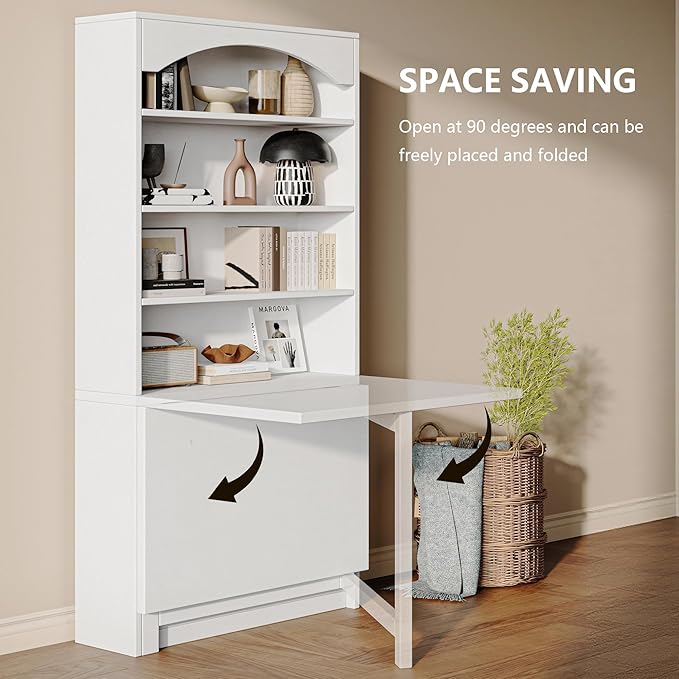 6-Tier Bookshelf with Folding Table, 72.8” Tall Open Storage Bookcase, Large Storage Capacity, Modern Display Shelf for Home Office, Living Room, Bedroom, White