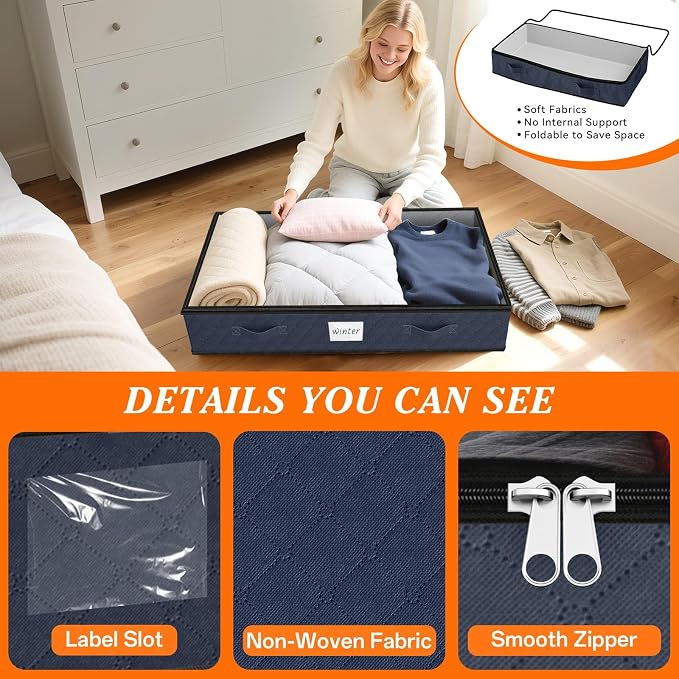 SpaceWhisper 90L Under Bed Storage Containers, 2-Pack Storage Bins with Clear Top, Foldable Closet Organizers and Storage with Label Holder for Clothing, Blankets, Comforter & Pillows(Blue)