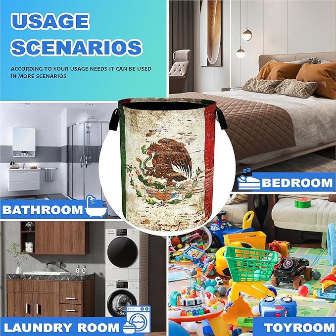 Vintage Mexican Flag Laundry Basket Funny Oxford Cloth Laundry Hamper With Handle Foldable Portable Clothes Storage Basket 18.9 X 16.5 Inch Storage Bag For Laundry Room/Bathroom/Bedroom/Dormitories