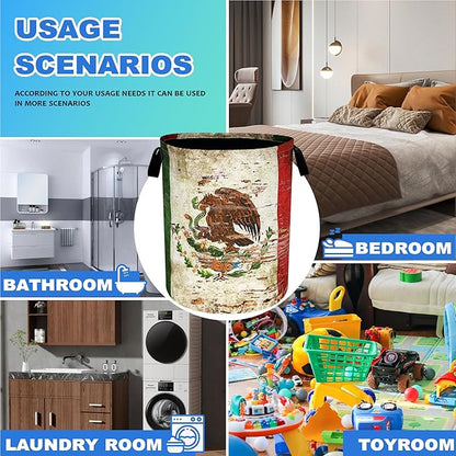 Vintage Mexican Flag Laundry Basket Funny Oxford Cloth Laundry Hamper With Handle Foldable Portable Clothes Storage Basket 18.9 X 16.5 Inch Storage Bag For Laundry Room/Bathroom/Bedroom/Dormitories