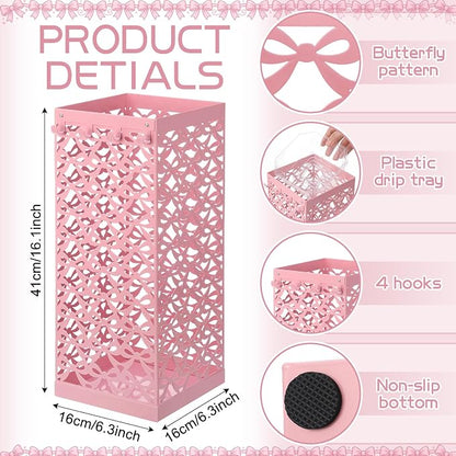Hicarer Pink Bow Umbrella Stand Metal Umbrella Holder with Removable Drip Tray & 4 Hooks for Entryway Cute Coquette Square Freestanding Walking Sticks Storage Bin for Home Hallway, 16 x 6.3 x 6.3 Inch