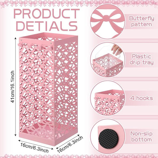 Hicarer Pink Bow Umbrella Stand Metal Umbrella Holder with Removable Drip Tray & 4 Hooks for Entryway Cute Coquette Square Freestanding Walking Sticks Storage Bin for Home Hallway, 16 x 6.3 x 6.3 Inch